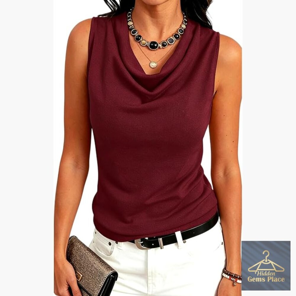 Lyocell Sleeveless Sweater Vest Cowl Neck Slim Fit Office Layering Top